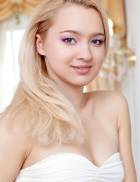 Freia A: Presenting Freia by Rylsky - Clad in a chic white dress that hugs her curves perfectly, Freia puts her round, meaty ass and smooth, shaven pu